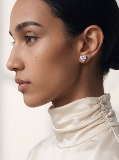 Model wearing Harlow George Heart Diamond Stud Earrings